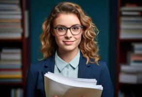 AI generated A photo of a businesswoman in glasses holding a resume folder against a blurry backdrop, professional job interview attire image