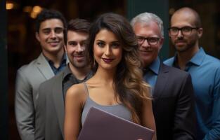 AI generated Businesswoman holding folder with team, hiring image for startups photo