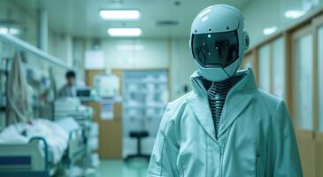 AI generated Humanoid robot doctor standing in hospital room photo