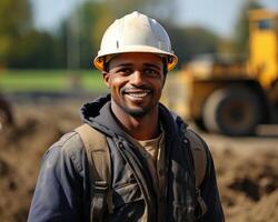 AI generated A young worker in a hard hat doing construction work in the field, construction and engineering image photo