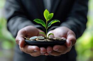 ai generado hombre en traje sostiene bandeja de monedas y pequeño verde planta, responsabilidad concepto foto