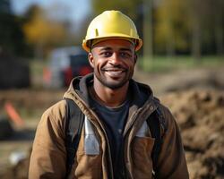 AI generated A young builder with a hard hat busy at work in an open field, construction site photo