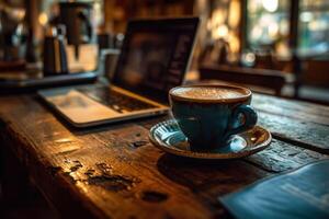 ai generado ordenador portátil con café taza en mesa, café imagen foto