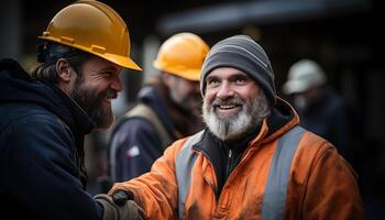 ai generado dos construcción trabajadores sacudir manos en un borroso antecedentes sellando un exitoso camaradería en un trabajo en equipo gesto, construcción y Ingenieria imagen foto