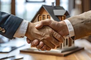 AI generated Two businessmen shake hands over a house model, accountability image photo