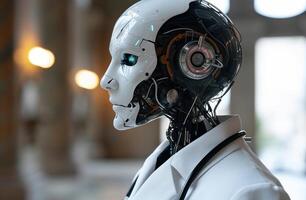 AI generated Robot doctor in a white shirt and stethoscope ready to assist with medical care photo