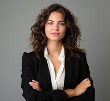 AI generated Businesswoman stands confidently arms crossed smiling on white backdrop, professional job interview attire image photo