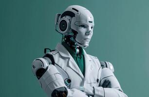 AI generated A robot dressed as a doctor confidence standing with arms crossed in a stylish suit photo