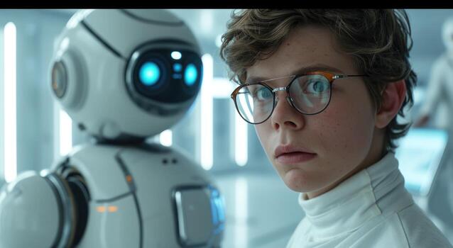 AI generated A young man wearing glasses with a robot in a futuristic business office setting photo