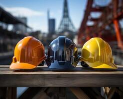 AI generated Three hard hats with a design on a step ready for a day of construction work., construction and engineering image photo