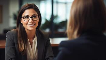 AI generated Job interview of a woman with an american candidate, professional job interview attire image photo