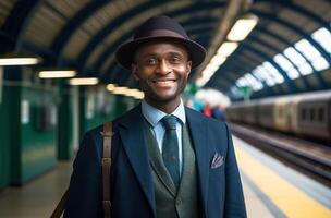 AI generated Cheerful businessman poses in train station, commuter lifestyle photo