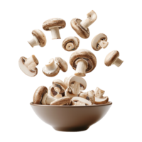 AI generated Fresh mushrooms falling into a bowl isolated on transparent background png