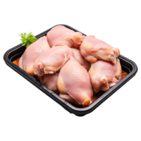 ai generado crudo pollo piernas en un negro bandeja aislado en transparente antecedentes png