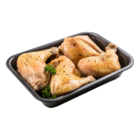 ai généré brut poulet jambes dans une noir plateau isolé sur transparent Contexte png