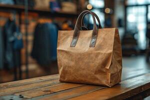 ai generado de cerca de un papel bolso en pie en un mesa en un Tienda foto