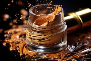 ai generado cosmético tonal marrón crema en un tarro . un cosmético tarro con líquido salpicaduras foto