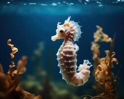 AI generated Small seahorse gracefully swims in the underwater world, rare and endangered species image photo