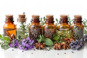 AI generated vials of essential oil and herbs on a white background. The concept of health photo