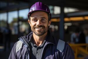 AI generated Happy architect in hard hat smiling at construction site proud of completed project, construction site photo