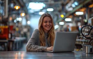 ai generado contento mujer trabajos en ordenador portátil en oficina mecanografía y sonriente, responsabilidad imagen foto