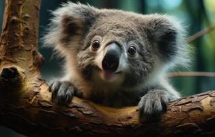 AI generated Koala bear standing on a tree branch in the wild, baby wild animals picture photo