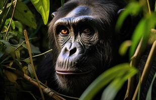 AI generated Curious chimpanzee exploring jungle, monkeys and primates image photo