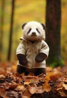ai generado bebé panda en pie en bosque, bebé salvaje animales imagen foto