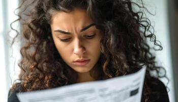 AI generated Stressed young brunette woman reading bill papers, financial difficulties image photo