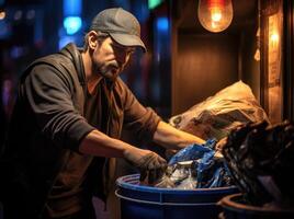 ai generado responsable hombre colocación un basura lata afuera, social responsabilidad imagen foto