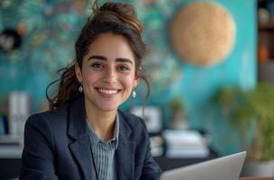 AI generated A happy businesswoman sits at her desk with a laptop, responsibility image photo
