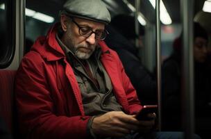 ai generado un medio Envejecido hombre se sienta en un tren enfocado en un teléfono, ciudad conmutar foto