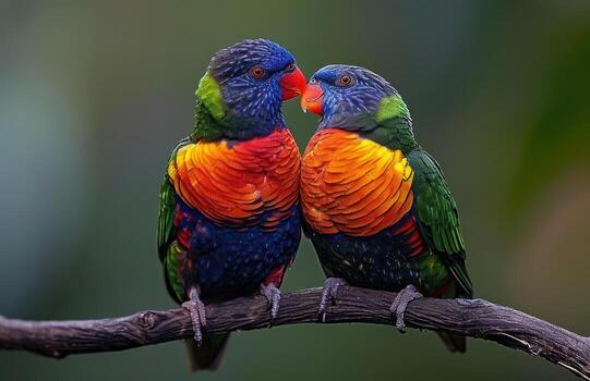 AI generated Colorful birds touch faces on a branch, colorful tropical birds photo