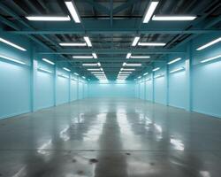 AI generated Brightly lit empty warehouse with numerous white lights illuminating the vast space, construction and engineering image photo