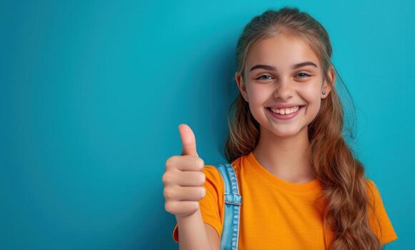 ai generado joven dama dando pulgares arriba en azul antecedentes expresando positividad con grande sonrisa, aceptación imagen foto