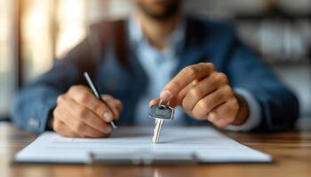 AI generated Sales manager hands keys to customer after signing rental lease contract, debt acceptance image photo