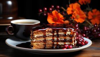 AI generated Photo of cake slice and coffee on plate, coffee mug image hd