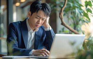 AI generated A businessman in stressed sitting at his laptop holding his head, accountability photo