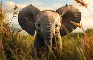 AI generated Baby elephant walking through tall grass in the wild, baby wild animals image photo