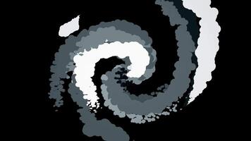 Monochrome abstract animation of cartoon grey and white spirals rotating on the black background. Animation. Black and white animation video