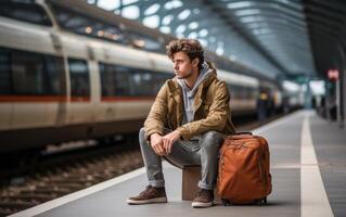 ai generado joven hombre a tren estación con maleta, ciudad conmutar foto