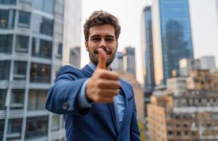 AI generated Businessman giving a thumbs up against city backdrop expressing success and approval in a professional setting, acceptance image photo