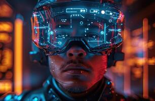 AI generated A man wearing virtual tech holosphere machine photo
