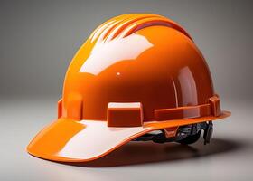 AI generated A bright orange hard hat positioned on a plain white background, construction site photo