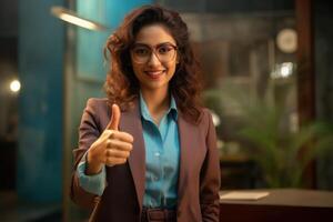 AI generated Confident young businesswoman stands in an office, hiring image for startups photo
