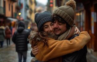 ai generado Pareja abrazando en ciudad calle expresando amor y afecto, reconciliación aceptación imagen foto