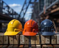 AI generated Trio of hard hats on a step each adorned with a design symbolizing readiness for construction duties, construction site photo