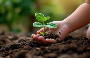 AI generated Young child hand holding a growing plant on soil, social responsibility concept photo