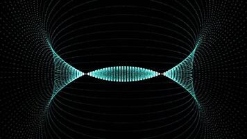 Moving tunnel of neon dots. Animation. Digital abstract glowing tunnel on black background. Graphic luminous funnel from side. Rotating portal of particles to musical vibrations video