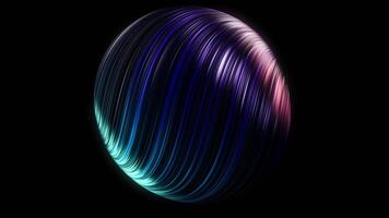 3D ball of neon lines rotates on black background. Animation. Beautiful 3D sphere of curved neon stripes rotates on black background video